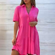 Ropa femenina transfronteriza de estilo europeo y americano, vestido casual de manga corta de algodón y lino, de corte holgado, color liso y con cuello vuelto. - Rosa Fucsia - Ver 2