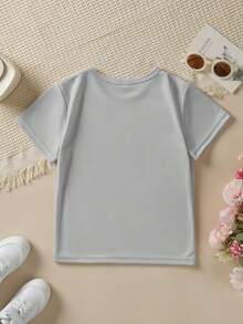 Summer Fashion Short Sleeve T-Shirt For Kids "STAY COOL My Daddy Is A FIREFIGHTER" With Fire Truck Cartoon Print, Casual Outdoor Top NY-DX9673 - 灰色 - 查看 2