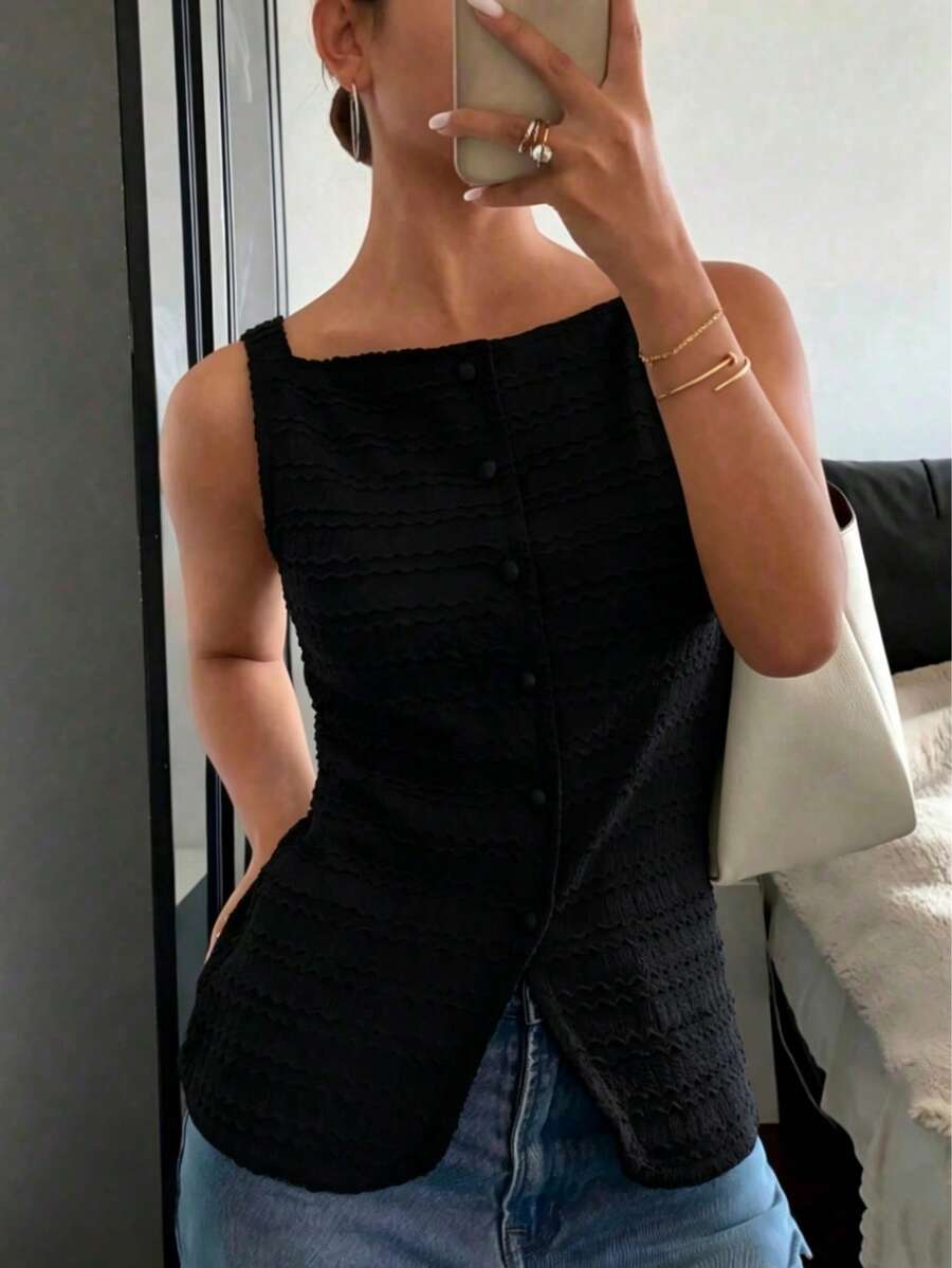 女款無袖方領針織面料前開扣背心,常規長度時尚修身上衣 - 黑色 - 查看 1