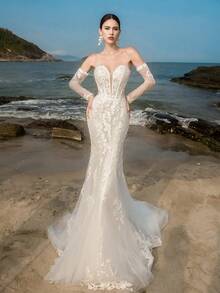 Elasola HEARBOBO Vintage Baroque Lace Applique White Formal Evening Gown, Mermaid Style Bridal Wedding Dress Fall - White - View 1
