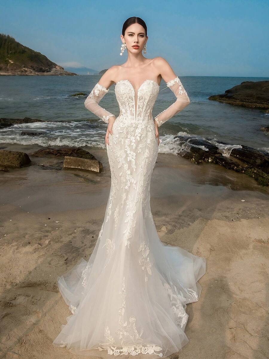 Elasola HEARBOBO Vintage Baroque Lace Applique White Formal Evening Gown, Mermaid Style Bridal Wedding Dress Fall - White - View 1