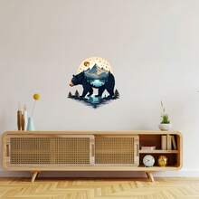 Adesivo de Parede de Vinil com Tema de Paisagem Natural de Floresta com Urso Preto, Silhueta de Montanha, Lago e Lua, Removível e Autoadesivo, Adequado para Cabana, Quarto, Sala de Estar, Escritório, Quarto de Crianças, Decoração de Casa, Presente Ideal de Feriado para Amantes da Natureza/Crianças - A - Visão 2