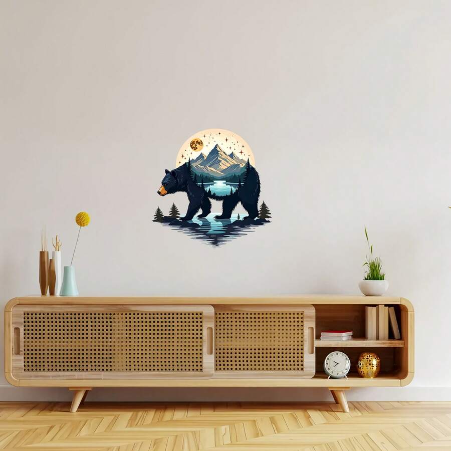 Adesivo de Parede de Vinil com Tema de Paisagem Natural de Floresta com Urso Preto, Silhueta de Montanha, Lago e Lua, Removível e Autoadesivo, Adequado para Cabana, Quarto, Sala de Estar, Escritório, Quarto de Crianças, Decoração de Casa, Presente Ideal de Feriado para Amantes da Natureza/Crianças
