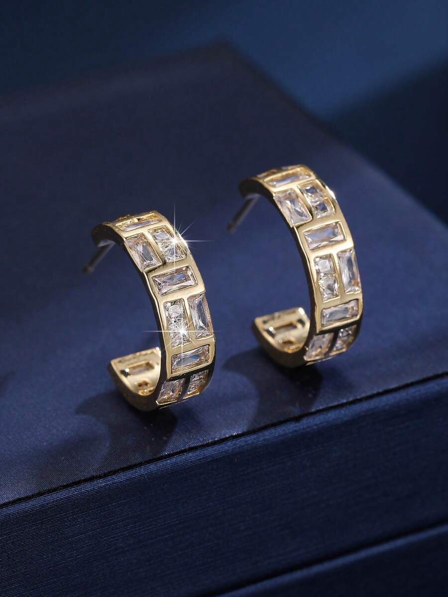 1 par de pendientes de mujer de moda, estilo INS, rectangulares con strass, forma de C, huecos y curvos, de alta gama, versátiles, exquisitos y elegantes - W17903 - Ver 1