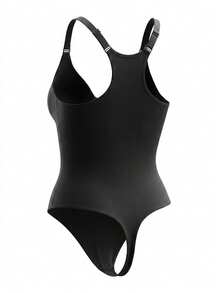 1pc Plus Size Ribbed Seamless Tummy Control Shaping Bodysuit, Round Neck Racerback Adjustable Spaghetti Strap Shapewear, High Elasticity Skin-Friendly Smooth Back-Smoothing Light Compression Shaping Top, All-Day Comfortable Plus Size Women's Shapewear, Suitable For Daily Layering, Commuting, Street Casual And Fitness - Black - View 6