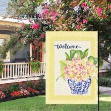 1 pieza Bandera de jardín floral de porcelana con patrón de encaje amarillo, impresión 2D de doble cara, 12*18 pulgadas, solo la bandera sin poste, accesorio decorativo atmosférico, adecuado para decoración del hogar, jardín y patio exterior, regalo festivo - Varios colores - Ver 5