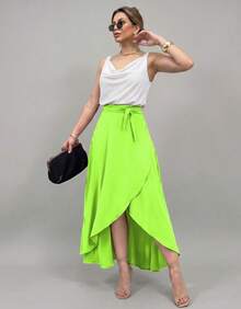 Long Wrap Skirt With Tie-Up Fashion Blogger - Lime Green - View 3