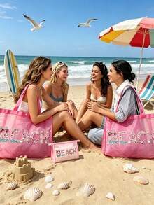 Rhinestone Letter Pattern Mesh Beach Tote Bag, Portable Transparent Hawaiian Style Cosmetic Bag, Lipstick Powder Skincare Toiletries Storage Bag, Multi-Functional Travel Cruise Dorm Essential, Women's Lightweight Summer Beach Tote, Ideal Wedding Bridesmaid, Mother's Day And Birthday Gift For Friends, Family And Teachers, Home Bathroom Bedroom Jewelry Nail Polish Lip Gloss Storage Bag - Multicolor - View 12