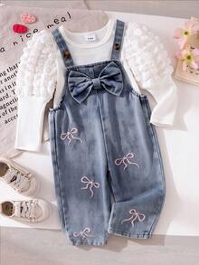 Baby Girl 2-Piece Set, Includes White Pleated Puff Sleeve Ribbed Top And Denim Overalls With Bow Embroidery, Suitable For Spring And Autumn - White - View 1