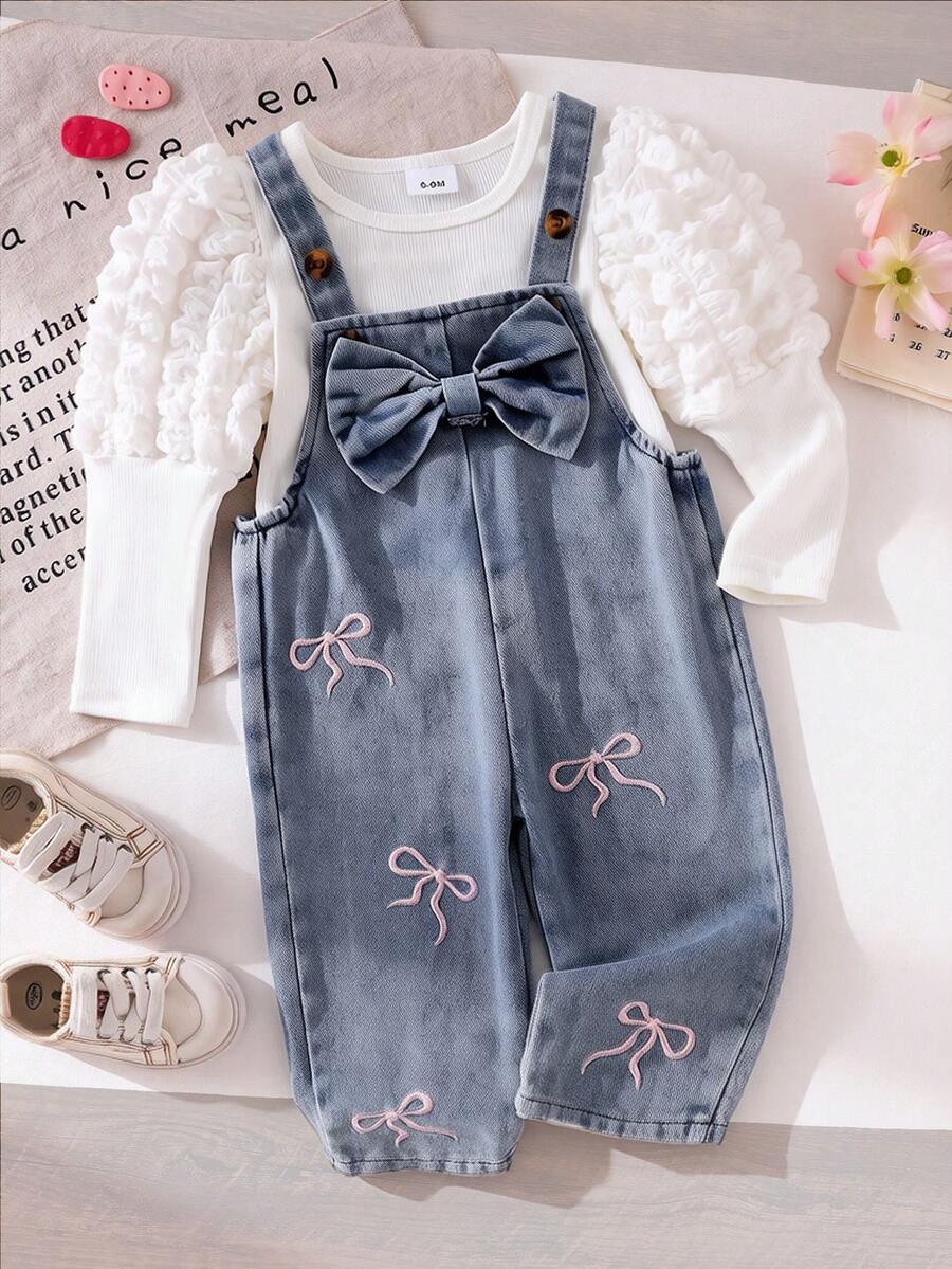 Baby Girl 2-Piece Set, Includes White Pleated Puff Sleeve Ribbed Top And Denim Overalls With Bow Embroidery, Suitable For Spring And Autumn - White - View 1