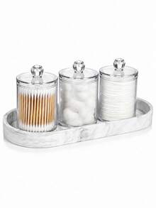 Bathroom Sink Counter Organizer Set With Marble-Look Silicone Tray, Clear Swab Dispenser And Storage Containers For Cleansing Balls And Makeup Pads, Modern Bathroom Countertop And Vanity Storage For Cosmetics And Beauty Accessories - Multicolor - View 1