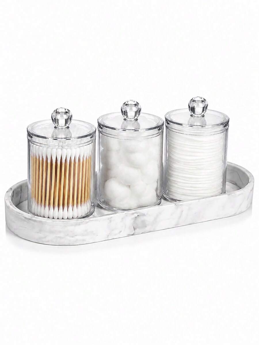 Bathroom Sink Counter Organizer Set With Marble-Look Silicone Tray, Clear Swab Dispenser And Storage Containers For Cleansing Balls And Makeup Pads, Modern Bathroom Countertop And Vanity Storage For Cosmetics And Beauty Accessories - Multicolor - View 1