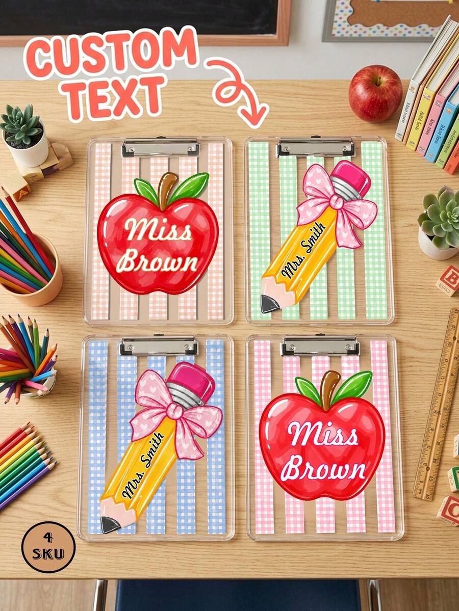 1pc Customized Apple Pen Teacher Name Clipboard, Personalized Teacher Appreciation Gift, Back To School, Teacher Gift, Lesson Plan Clipboard, Kindergarten & Elementary Teacher Desk Accessory, New Teacher Welcome Gift - Multicolor - View 1