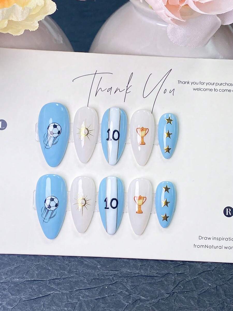 10 Pieces Of Handmade Press On Nails,Summer,World Cup Nails,Blue And Milky White Nails With Blue-White Vertical Stripe Design, Trophy,Number 10 Prints And Three Golden Star Metal Charms,Perfect For Game Watching,Daily Wear And Sports Party Occasions. - Dusty Blue - View 1