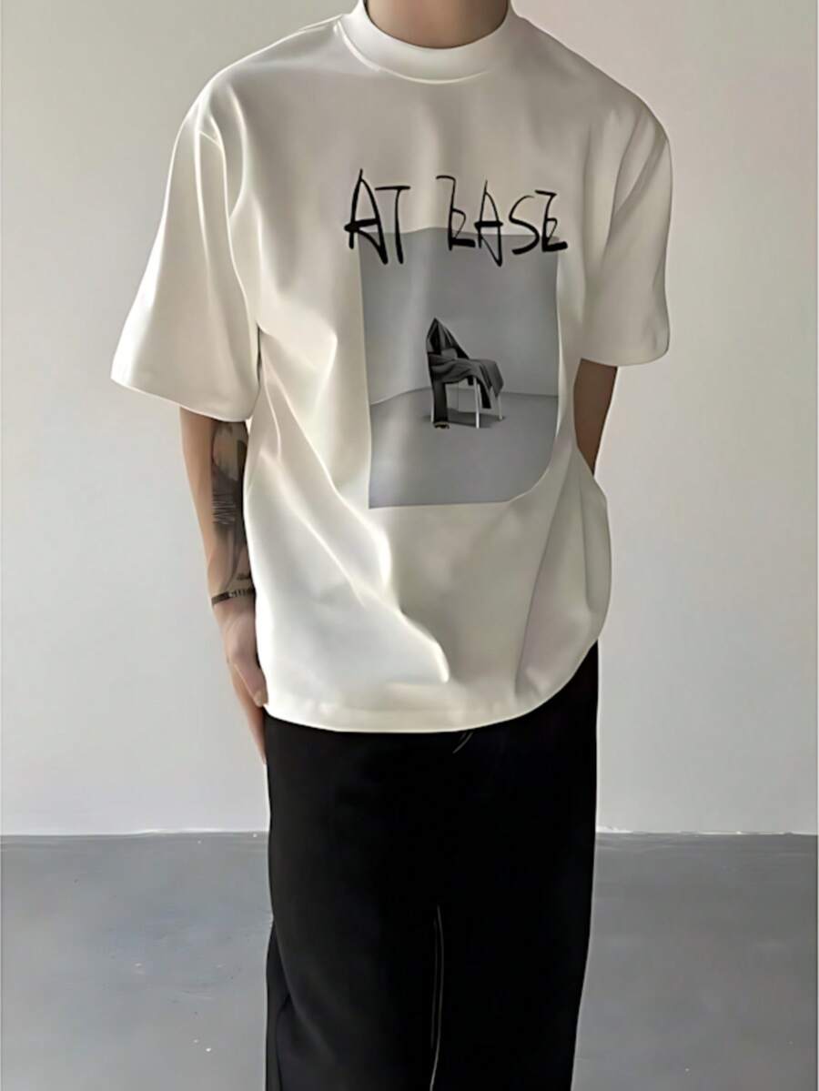 Camiseta de manga corta estampada de corte holgado para hombre, diseño exquisito, un básico de verano, versátil y fácil de llevar, que permite lucir el estilo personal sin esfuerzo. - Blanco - Ver 1