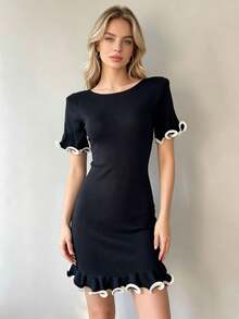 2026 New Short Sleeve Ruffle Knit Dress, Slim Fit, Solid Color, Summer Clothes For Women. - Hitam - View 2