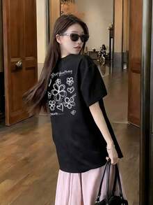 春夏極簡黑色純色對比字母與花卉圖案雙面印花休閒寬鬆百搭通勤中性涼感重磅打底短袖T恤，適合學生與女性 - 黑色 - 查看 3