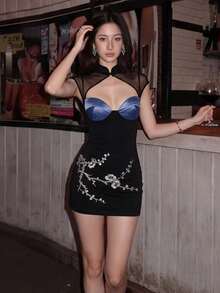 Top Dazzle Women's Stand Collar Sheer Mesh Hollow Out Mini Dress, Elegant Cheongsam Style Knit Sleeveless Party Dress With Floral Details - Black - View 5