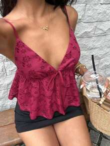 Vestido de línea A con cintura ajustada, diseño de volantes con lazo y volantes en el bajo, camisola de vacaciones - Burdeos - Ver 1