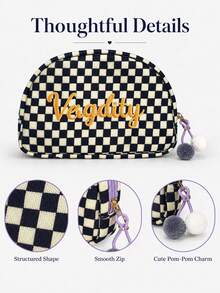 (Embroidered Custom) 1PC New Striped Shell Toiletry Bag, Fresh Macaron Color Palette, With Zipper And Personalized Custom Makeup Bag, Portable Toiletry Storage Bag For Travel, Random Color Pom Pom Design, Cute Gift For Family, Friends, Birthday, Holiday Essential - Multicolor - View 6