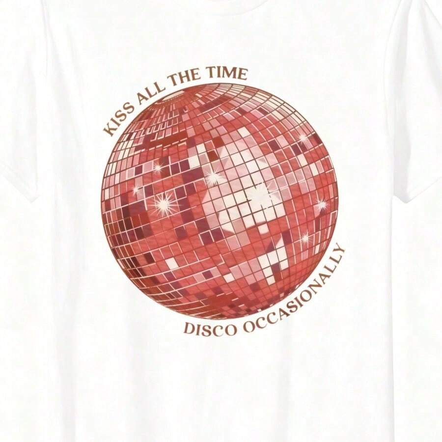 Crew Neck Short Sleeve T-Shirt With Vintage Lip Print And "All The Time" Text, Soft Y2K Aesthetic, Everyday Casual Basic For Women - White 4 - View 1