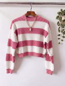 Striped Cropped Knit Blouse, Balloon Sleeves, Round Neck, Women's, Autumn/Winter 2026, , Premium Fabric, Sweater, Retro, Everyday Wear, Fashionable, New Line, University Style, Warm, Various Colors, Y2k - 淺粉色 - 查看 4