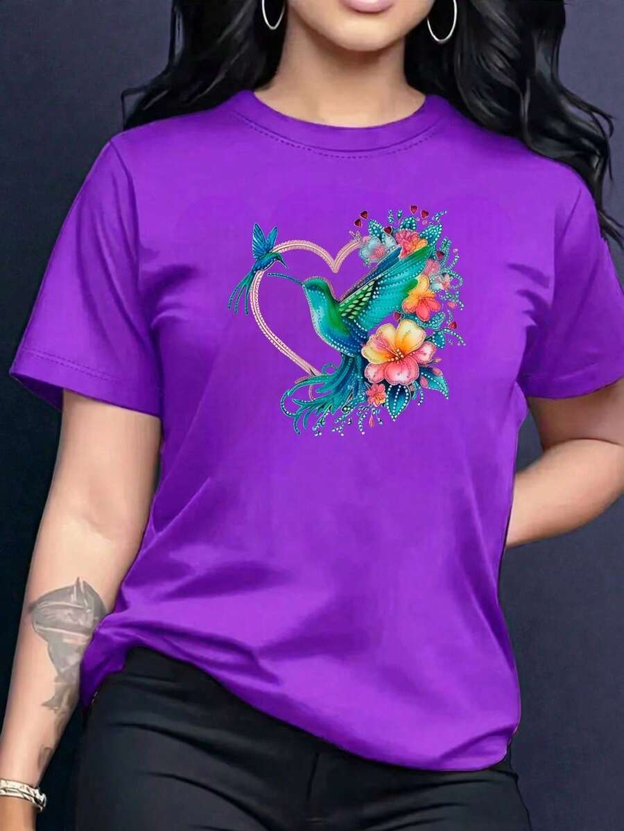 Butterfly Hummingbird Flower Floral Style Glitter Sparkles Bright Everyday Wear Day Night Valentine's Day Soft Material Loose Fit Round Neck Short Sleeve - 紫色 - 查看 1