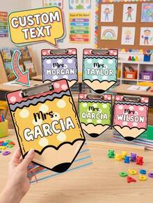 1pc Custom Teacher Clipboard,Personalized Name Pencil Shaped Clipboard,Cute Polka Dot Teacher Appreciation Gift,Rainbow Apple Crayon Pattern,Great For Classroom Office Use,Perfect For Teachers,Tutors Educators,Classroom Use,Lesson Planning - Multicolor - View 3