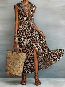 HUTENER Women's Leopard Print Colorblock Sleeveless Dress With Long Pants, Spring/Autumn Brown Vacation Elegant Summer - Brown - View 6