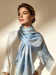 Moemton Light Blue And White Paisley Print Silk Scarf, French Riviera Coast Style Shawl, Soft Vacation Accessory - Blue - View 2