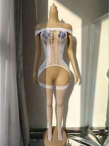 Women Fishnet Bodystocking Sexy Lingerie Footless Stockings Sleeveless Lace Bodysuit Halterneck One Piece Pantyhose Cover-Up Fishnets Dancewear - White - View 3