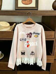 8-12Y Girls Cute Printed Solid Color Ruffle Long Sleeve T-Shirt Top, New Autumn/Winter Fashion - Pink - View 2