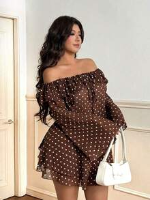 Vionelle Vestido de lunares con hombros descubiertos y lazo, talla grande y sexy - Negro - Ver 2