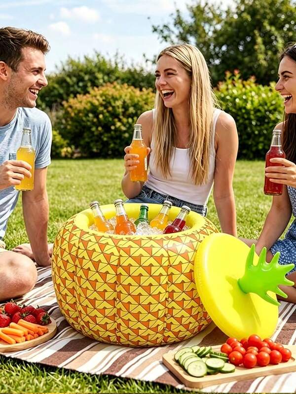 2 piezas/1 pieza Cubo de hielo inflable de PVC con forma de piña con tapa, hecho de PVC reforzado, esencial para reuniones al aire libre, picnics, viajes de camping, fiestas en la piscina y fiestas en la playa