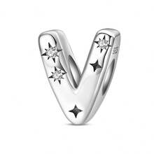 1 pieza Encanto de cuentas de la serie de iniciales estrelladas de estilo cielo estrellado celestial de plata de ley S925 de baja alergia, adecuado para pulsera original, fabricación de joyas DIY para mujeres, regalo de cumpleaños - Blanco - Ver 32