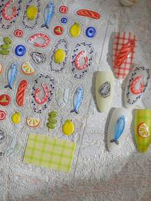 1Sheet Summer Picnic Clear Nail Stickers, 3D Raised Drip Glaze Seafood Fruit Plaid Nail Decals, Cute Shrimp Lemon Fish Self-Adhesive Nail Accessories For Vacation Nails - Multicolor - View 8