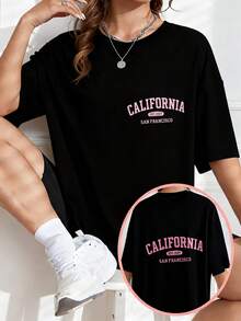 Plus Size - Damen-T-Shirt im europäischen und amerikanischen Sommerstil mit Rundhalsausschnitt und kurzen Ärmeln, leicht und atmungsaktiv, bedrucktes Design aus dem Jahr 2007 aus San Francisco, Kalifornien, locker geschnitten, geeignet für lässige Sommerkleidung, geeignet für Freizeitsportaktivitäten. - Schwarz - Übersicht 1