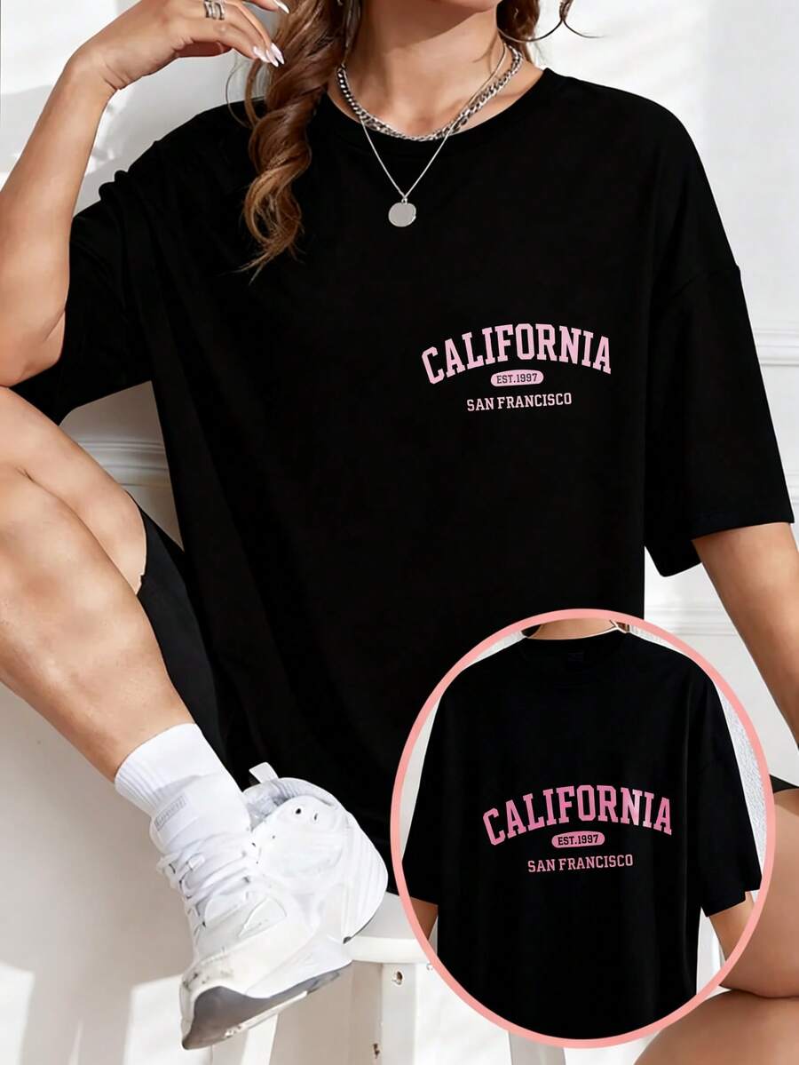 Plus Size - Damen-T-Shirt im europäischen und amerikanischen Sommerstil mit Rundhalsausschnitt und kurzen Ärmeln, leicht und atmungsaktiv, bedrucktes Design aus dem Jahr 2007 aus San Francisco, Kalifornien, locker geschnitten, geeignet für lässige Sommerkleidung, geeignet für Freizeitsportaktivitäten. - Schwarz - Übersicht 1