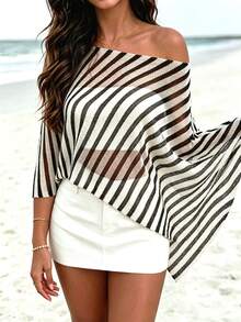 Blusa de punto de verano con diseño asimétrico de color a contraste y rayas, talla grande - Blanco y Negro - Ver 1