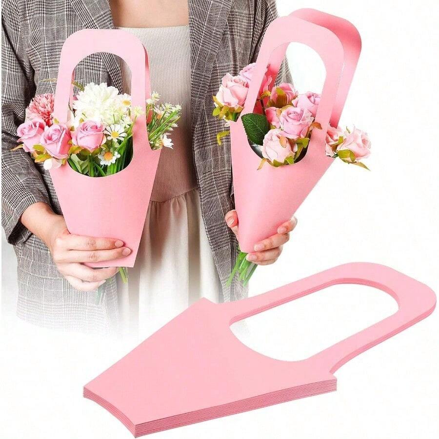 1pc/5pcs/10pcs - Kraft Paper Flower Gift Bags With Handles, DIY Handheld Flower Packaging Bags Suitable For Mother's Day, Teacher's Day, Wedding, Birthday, Party - Pink Kraft Paper Flower Box Suitable For Flower Shops - Pink - View 1