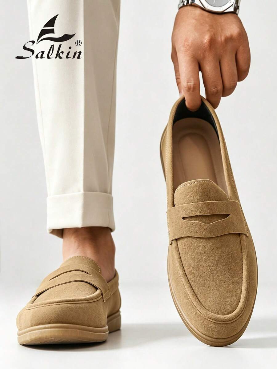 Salkin 經典設計師男士莫卡辛素色麂皮套腳便士樂福鞋，柔軟皮革紳士商務社交鞋，男士休閒鞋，適用於日常辦公、派對、情侶約會、浪漫晚餐、返校學生鞋，校園風，請選擇大一號