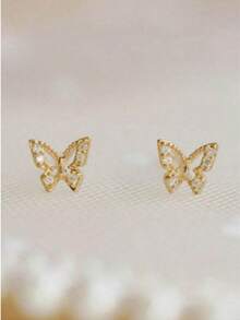1 Pair S925 Sterling Silver Mini Butterfly Stud Earrings With Diamonds, New Delicate Luxurious Earrings - Butterfly - View 1