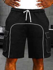 HEYKESON Men's Black Cargo Shorts With Contrast Stitching, Multiple Pockets, Drawstring Waist, Casual Street Style - Black - View 3