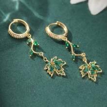 Pendientes con colgante de hoja de arce de circonita sintética verde elegante y lujosa, joyería brillante para mujeres, adecuada para bodas, banquetes, regalos de aniversario románticos - Dorado - Ver 7