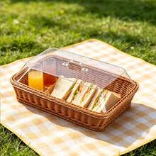 Woven Plastic Rattan Service Basket With Transparent Dust Cover, Essential Kitchen Accessory For Summer Holidays, Food Display Tray, Storage For Bread, Fruit, Desserts, Suitable For Bakery, Home Kitchen, Restaurant - Multicolor - View 4