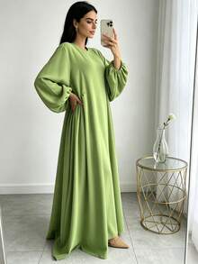 1pc Minimalist Pleated Elegant Long Sleeve Robe, Suitable For Daily Wear And Gatherings (Abaya) - Multicolor - View 3