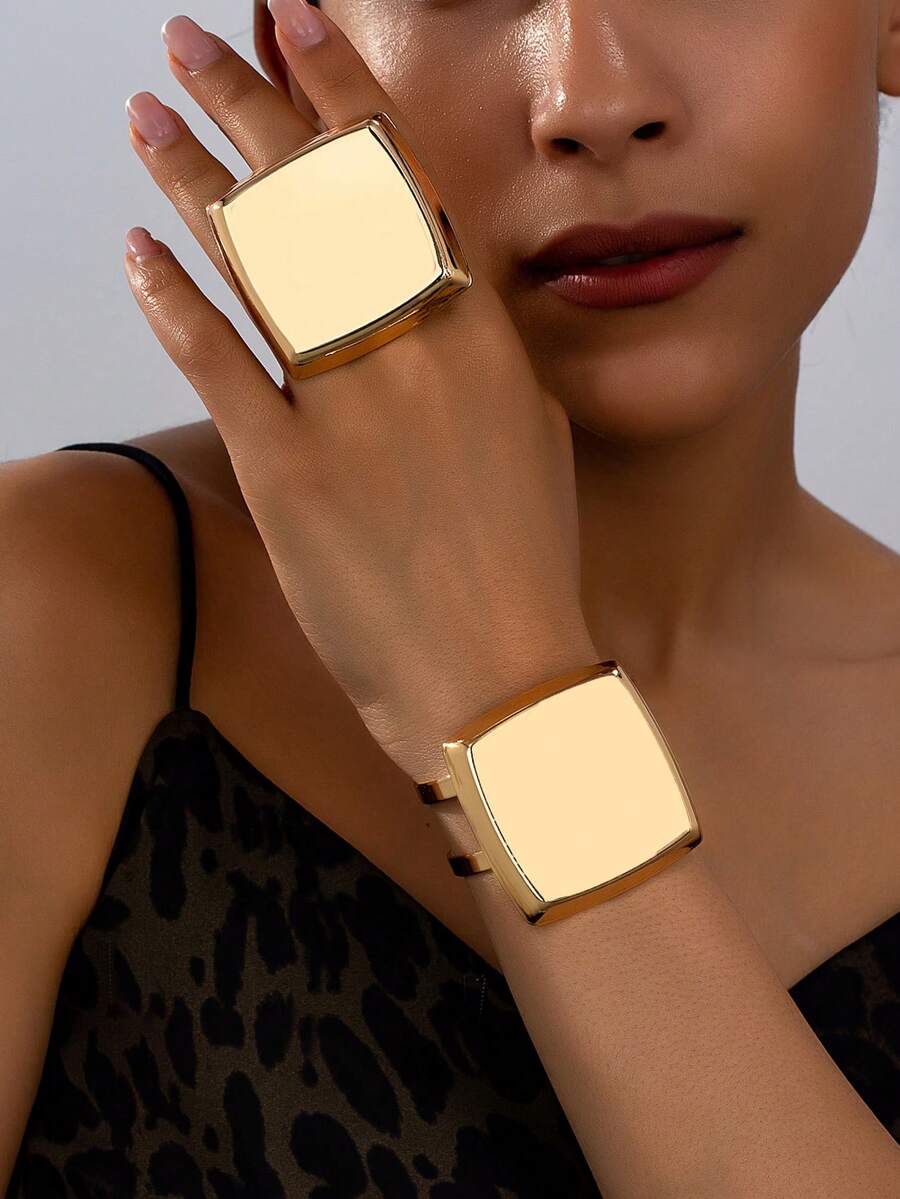 1 Set Women's Jewelry Set Geometric Square Design Bracelet & Ring Set Suitable For Daily And Vacation Wear - Square-golden - View 1