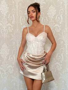Glamour Vestido de tirantes de satén con encaje de color albaricoque para mujer, vestido mini ajustado con estilo de corsé con boning, vestido sexy y picante para fiesta, vestido elega - Albaricoque - Ver 2