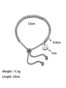 MECYLIFE 1pc Stainless Steel Beaded Bracelet For Women, Adjustable, Non-Fading, Personalized Polished Round Disc Jewelry - Silver - View 3