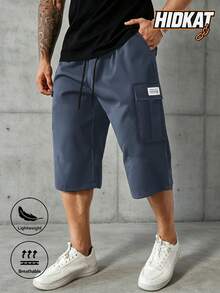 Men's Casual Cargo Capris, Drawstring Waist, Flap Pockets With Patch Label, Suitable For Spring And Autumn Outdoor Wear - Blue - View 3